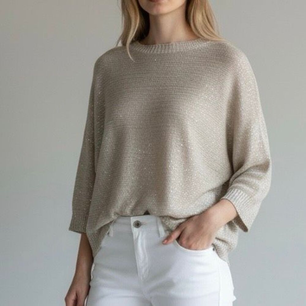 Sioni M Champagne Sequin Open Knit Sweater Romantic Feminine Preppy Old Money